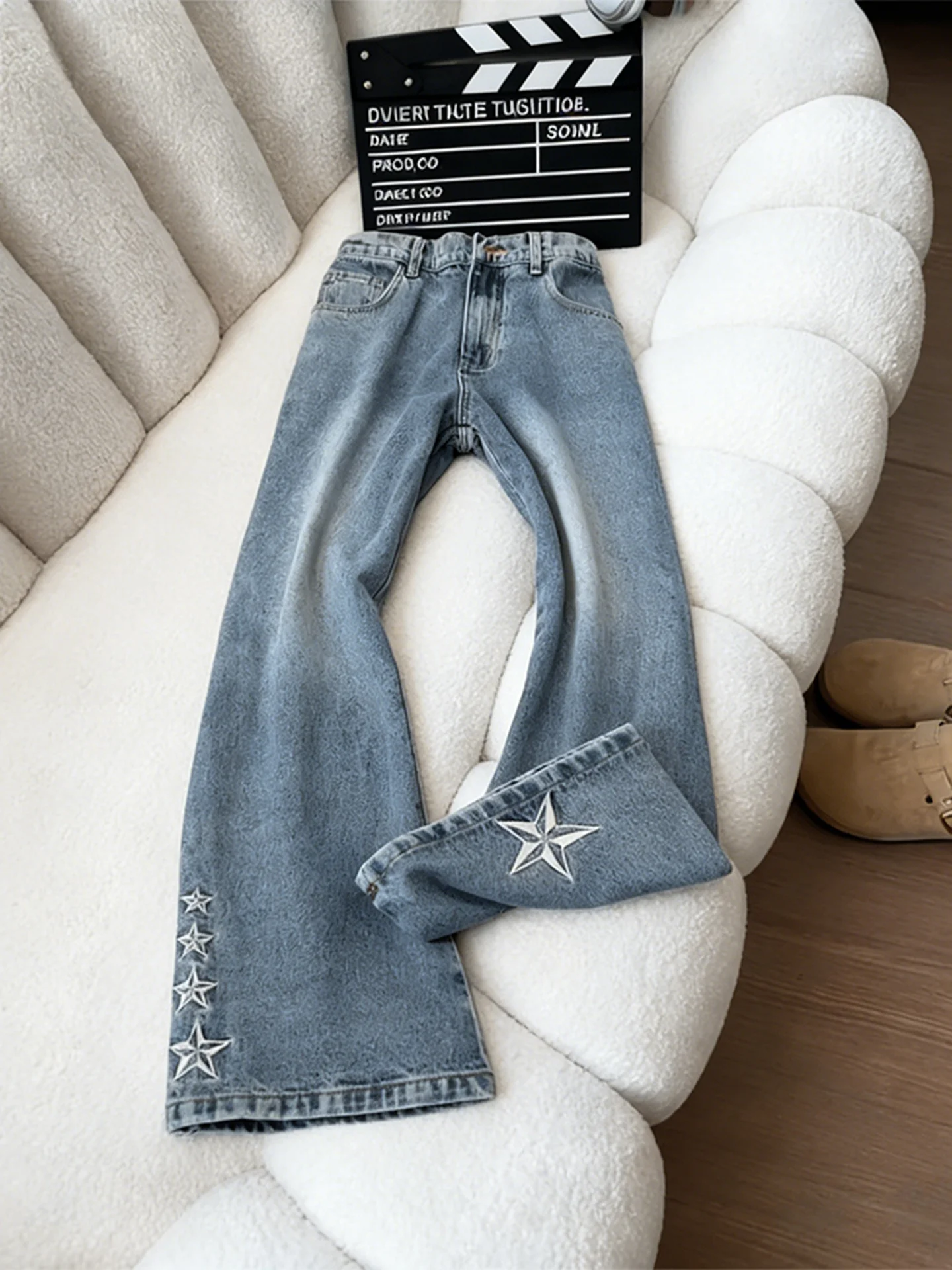 

Расклешенные джинсы с синей звездой и вышивкой, мужские зимние узкие брюки прямого кроя на подкладке American Vibe Fce, молодежная мода