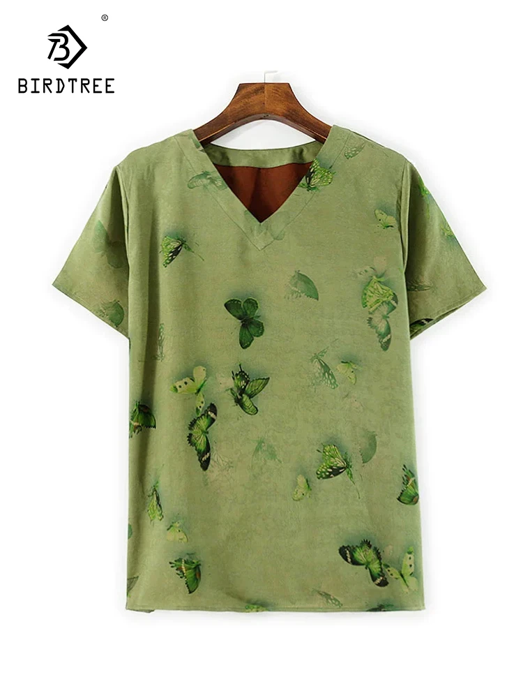 

BirdTree- 32MM Silk Watered Gauze Elegant T-Shirt, Women Short Sleeve Jacquard, Retro Commute Loose Top, 2025 Autumn T59194CC