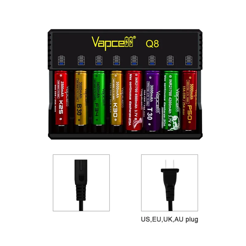 오리지널 Vapcell Q8 충전기, 각 슬롯 1A, 리튬 배터리 충전기, 18350/18650/21700/26650 셀용 범용 배터리 충전기