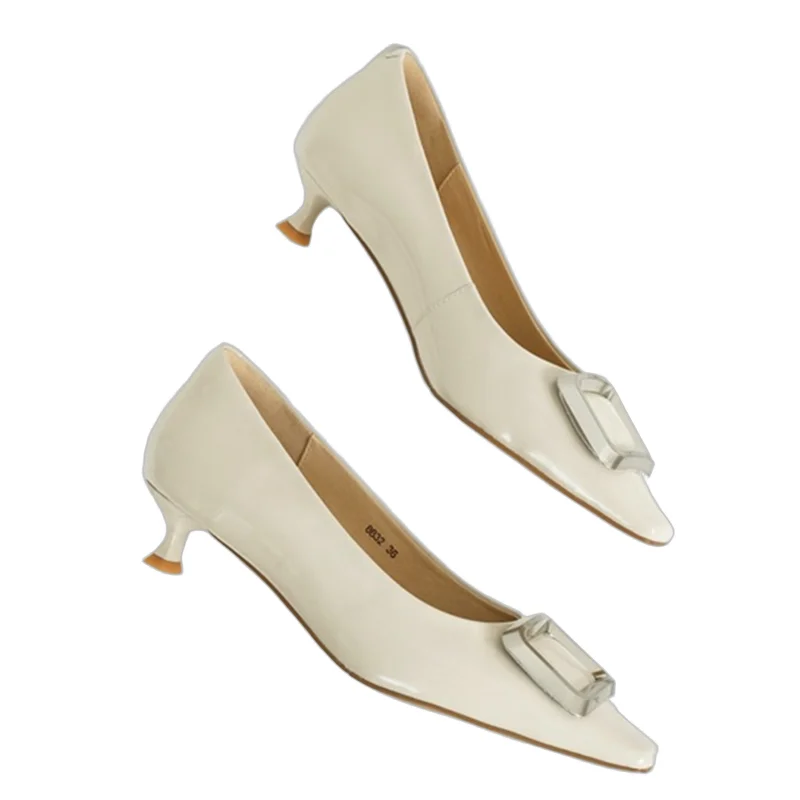 

Withered French Office Ladies Elegant Gold Square Buckle Slim 3.5cm High Heels Genuine Leather Comfortable Loafers For Women