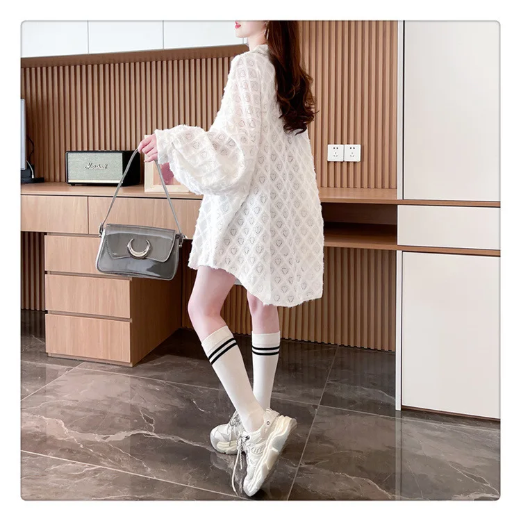 Lace Spliced Shirts Women Loose Cardigan Solid T Shirt Long Sleeve Casual Blouses Turn Down Neck Open Stitch Lady Summer 3