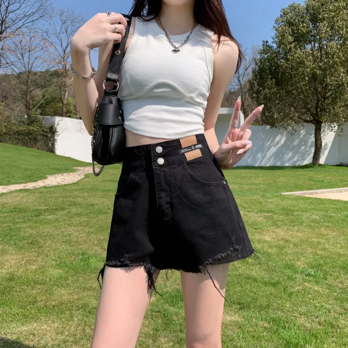 Korean Design Sense Denim Shorts with Rough Selvedge. Women's New Summer Fashion Casual High Waist Straight-leg Denim Hot Pants