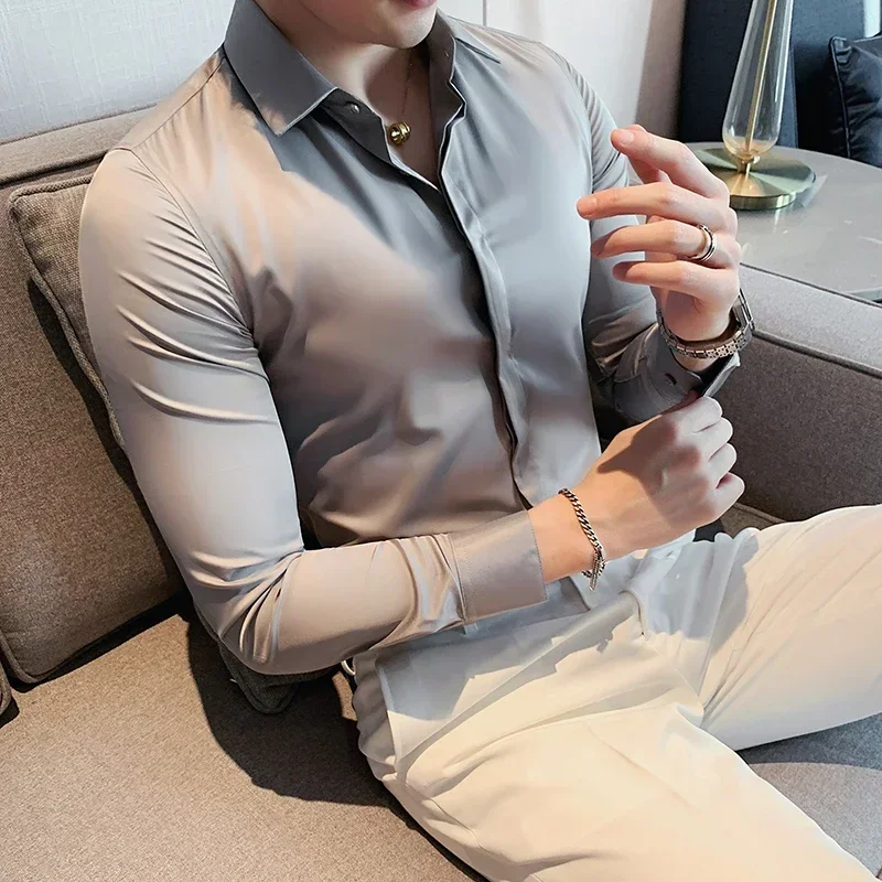 8 Colors High Quality  Men Dress Shirt 2022 Autumn Long Sleeve Solid Concealed Placket Shirts Men Business Slim Fit Social Shirt