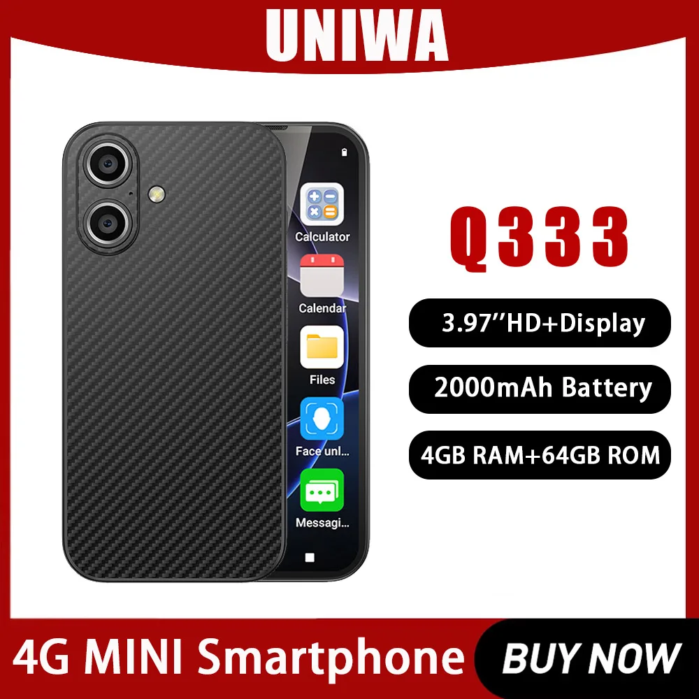 UNIWA Q333 Mini 4G Smartphone 3.97inch HD 4GB RAM 64GB ROM Mobile Phones BT5.0 Google Play Store 2000mAh Face ID Small Phone