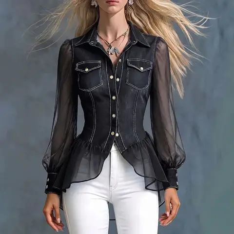 2026 American Retro Denim Chiffon Shirt Collar Patch Bag Transparent Lantern Sleeve Top Waist Cinched Slim Fit Women's Shirt