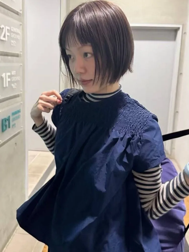 Casual Loose round Neck Pleated Short Sleeve Shirt Top for Bloggers Korean Style Spring Autumn Winter Women's Fashion