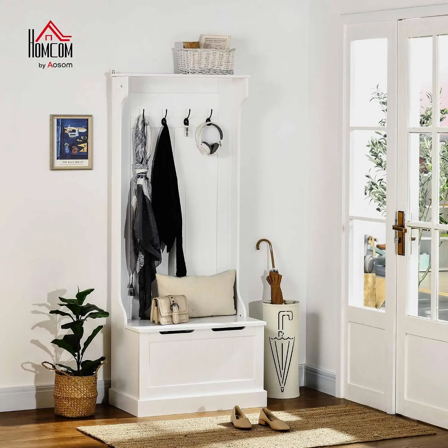 Slim Hall Tree with Bench, Shoe Storage & 4 Hooks, Flip Top Compartment, White, Customized