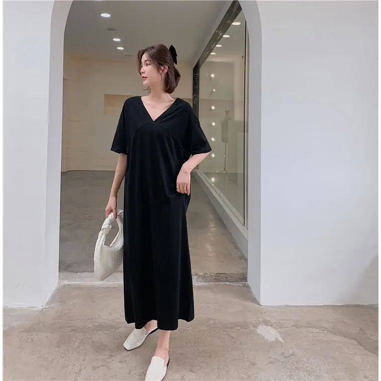 plus Size 300 Pounds Long Dress Women's Summer New Style 200 Pounds Korean Loose Knee-Length Short-Sleeved T-Shirt Dress