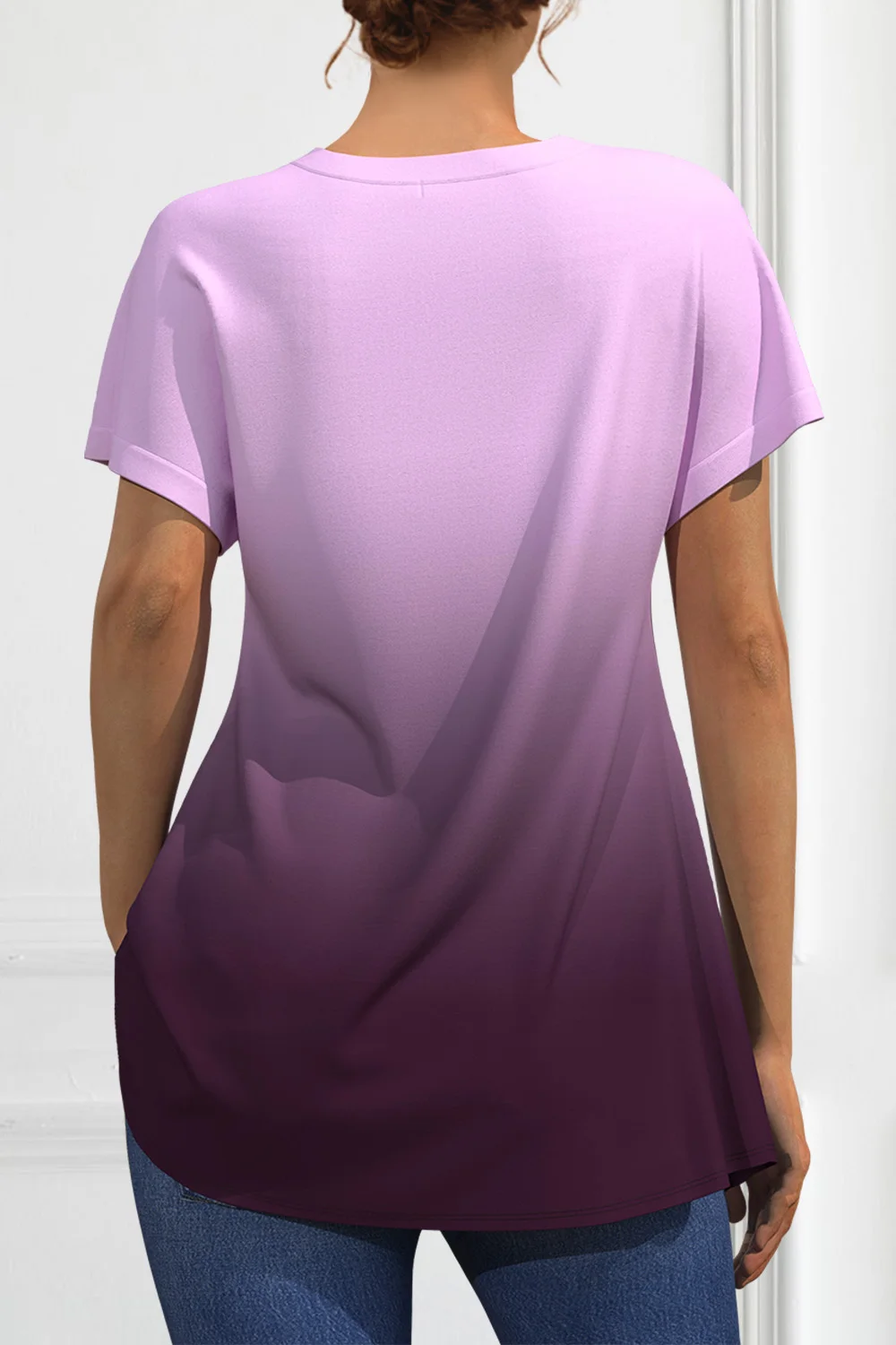 Flycurvy Plus Size Women's Casual Purple Gradient Button Split Neck Blouse Short Sleeve Top