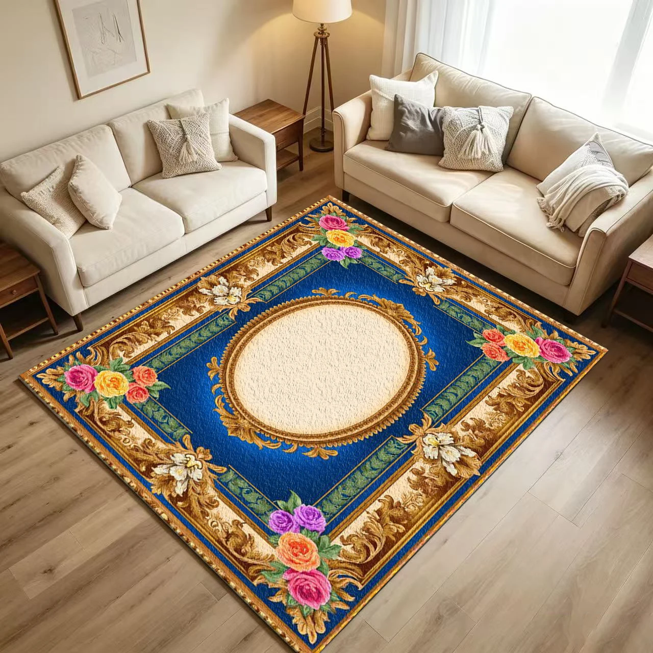 Luxury Royal Blue Golden Frame Colorful Rose Carpet Flooring European Baroque Style Printed Floor Rug for Household Indoor Decoration