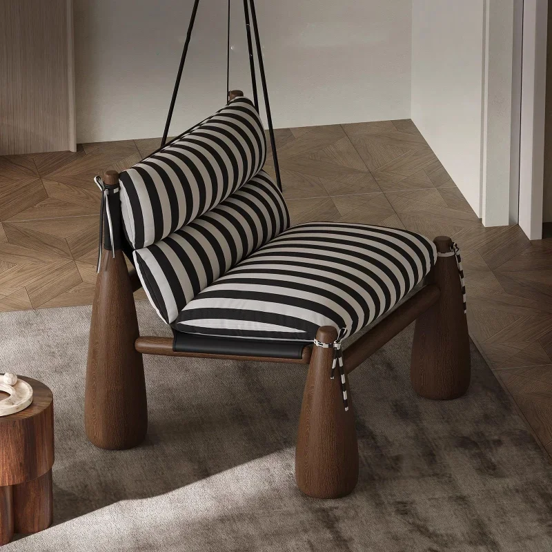 Mid Ancient Style Solid Wood Baseball Chair, Designer's Striped Fabric Single Person Leisure Chair, Atmospheric Sofa Chair