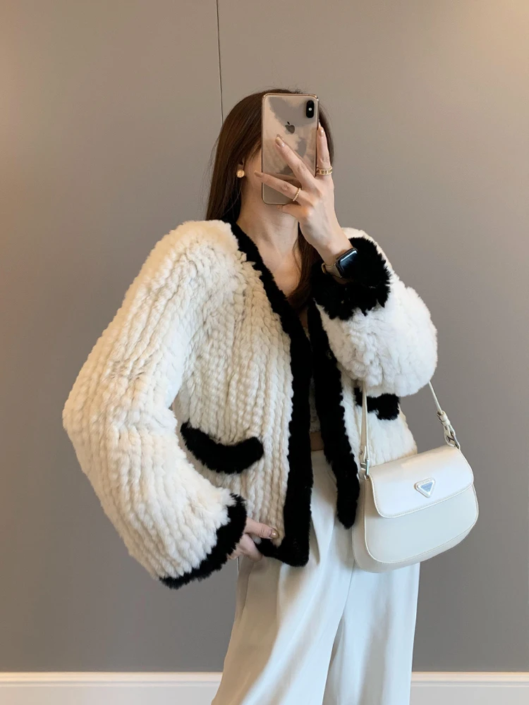 2023 New Winter Women 100% Natural Real Rex Rabbit Thick Fur Coat Warm Jacket Loose Knited Quality Luxury Full Sleeves