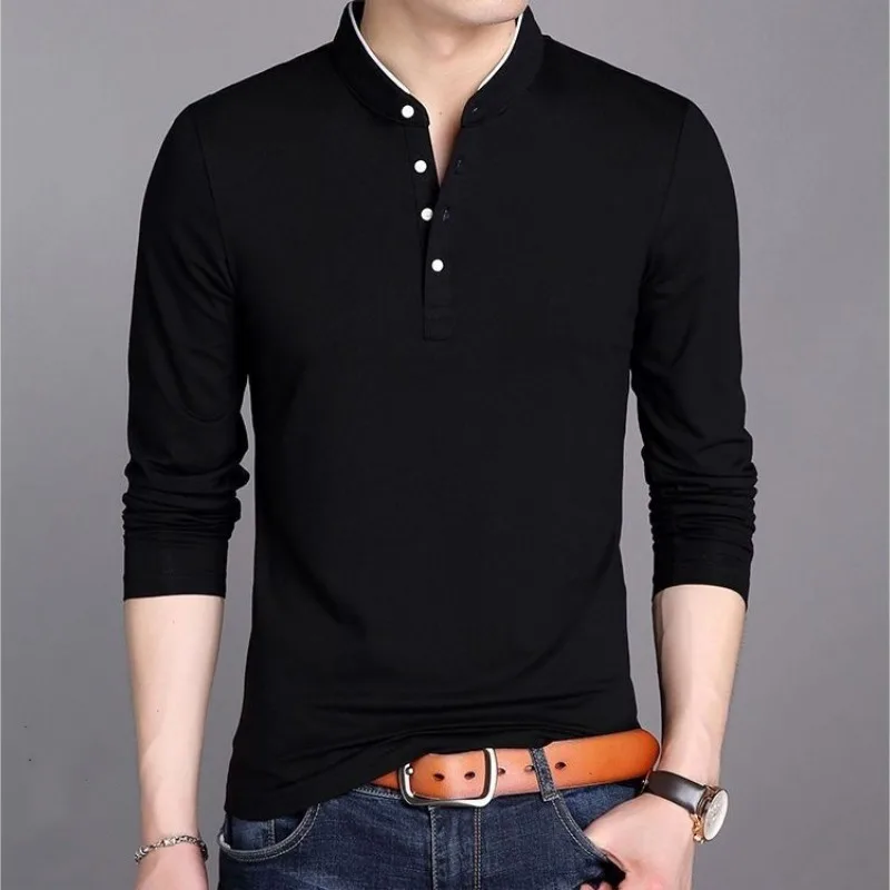 Men\'s Autumn and Winter Pullover Stand Collar Patchwork Button Fashion Casual Solid Color Slim Fit Versatile Long Sleeved Tops