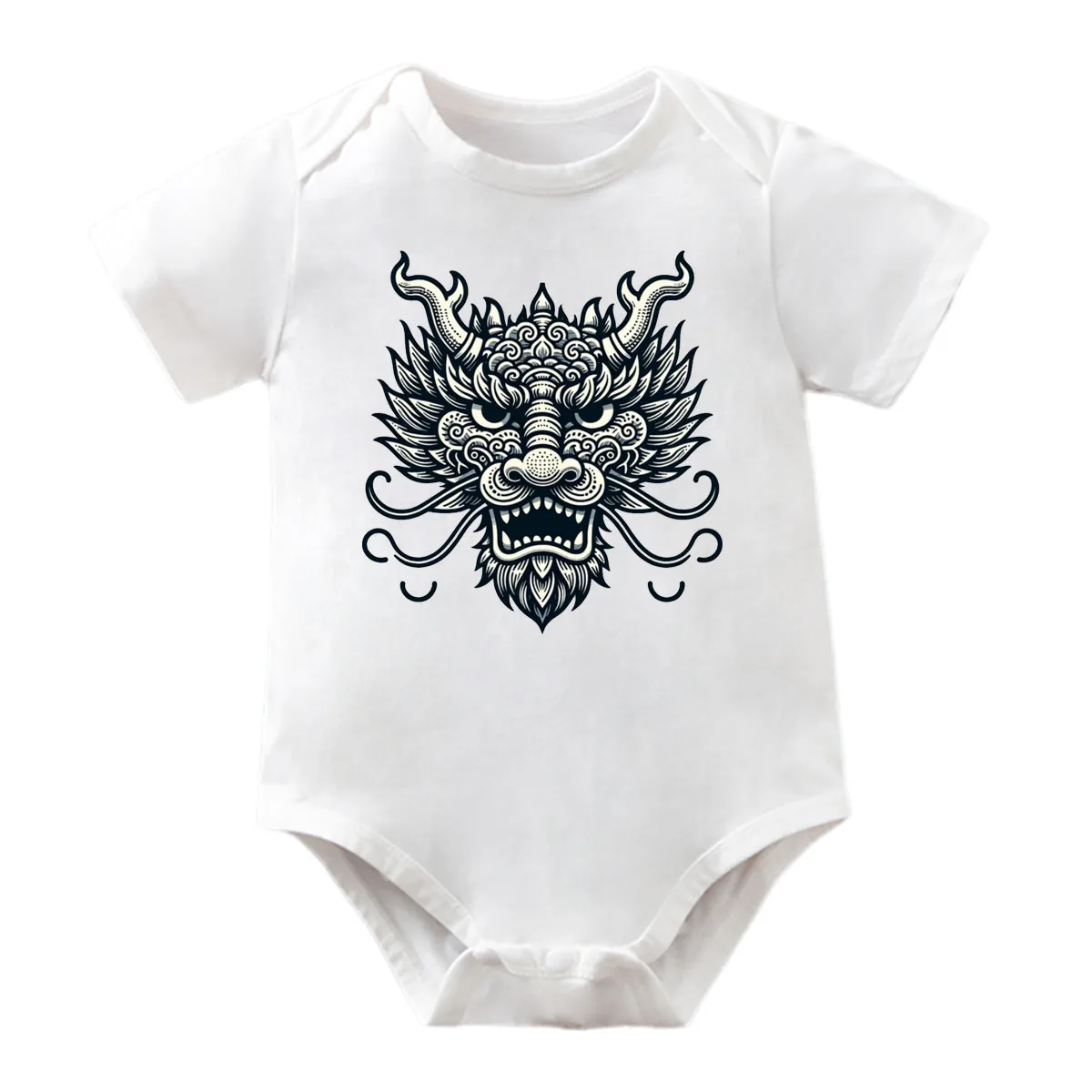 IURNXB Cute Baby Bodysuit Short Sleeve Infant Chinese Dragon Face Front Print Outfit Newborn Cotton Romper for Boys Girls 0-12M