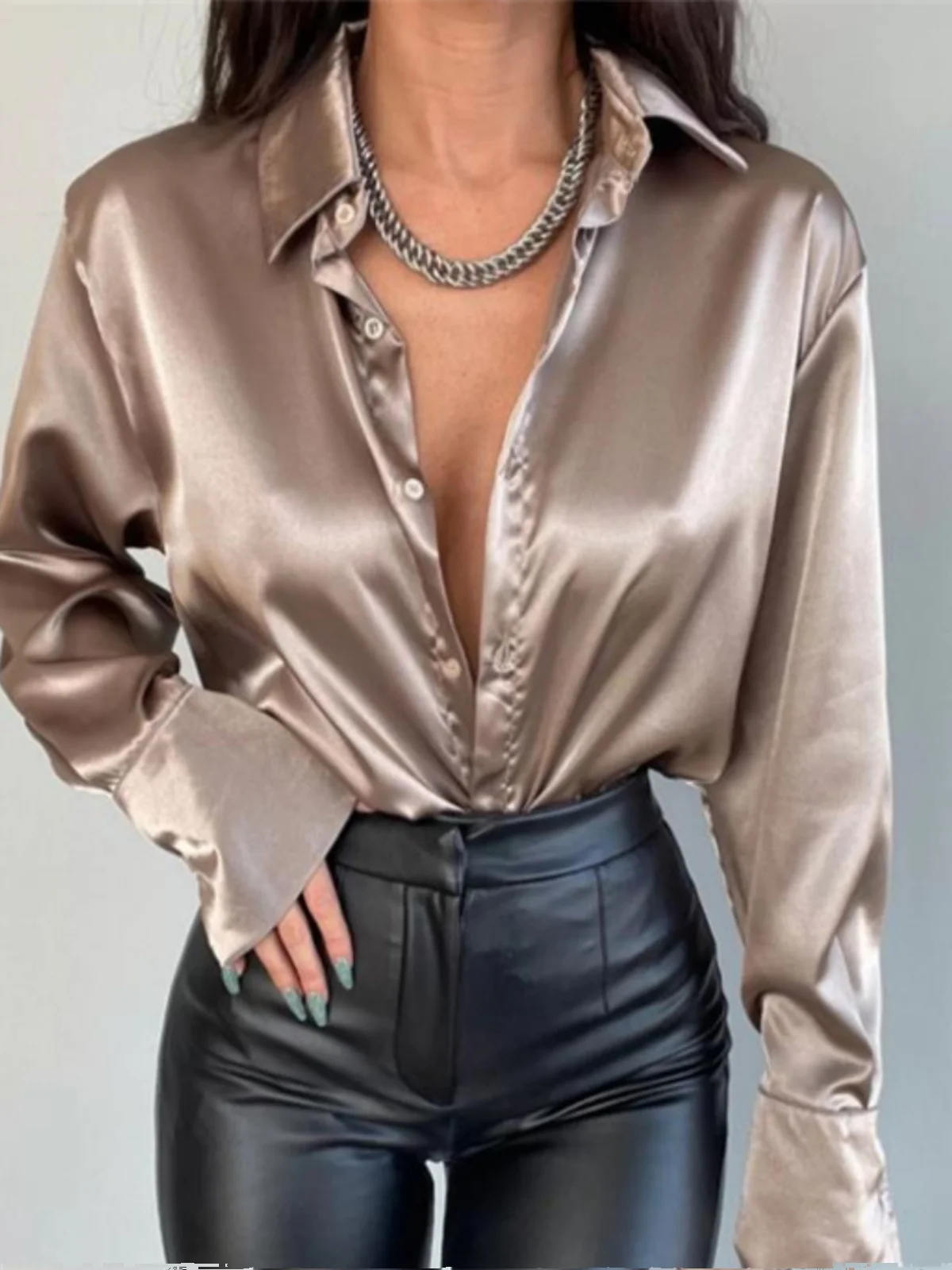 

Ele Long Sve атласная блузка irt, женская модная верхняя уличная одежда, однотонная застежка на пуговицах, облегающая весна 2024 г.