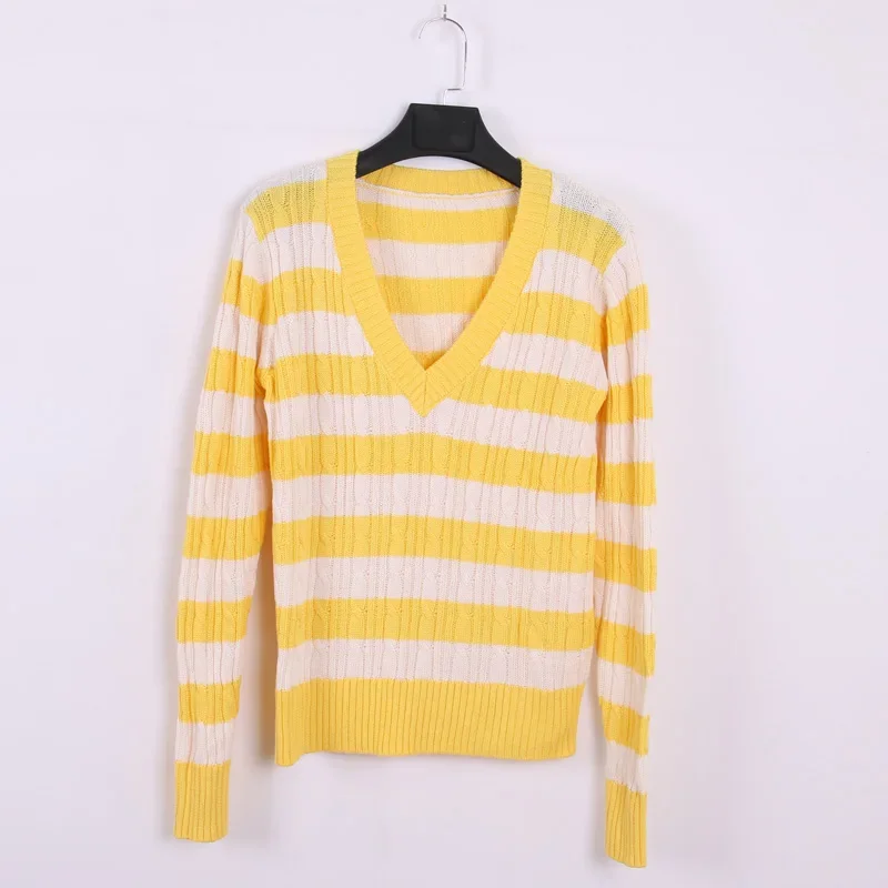 

Sweet Sweaters for Women Pullovers Striped Splice Sweater Women V-Neck Knitted Jumper Long Sleeve Streetwear Jersey Sueter Mujer