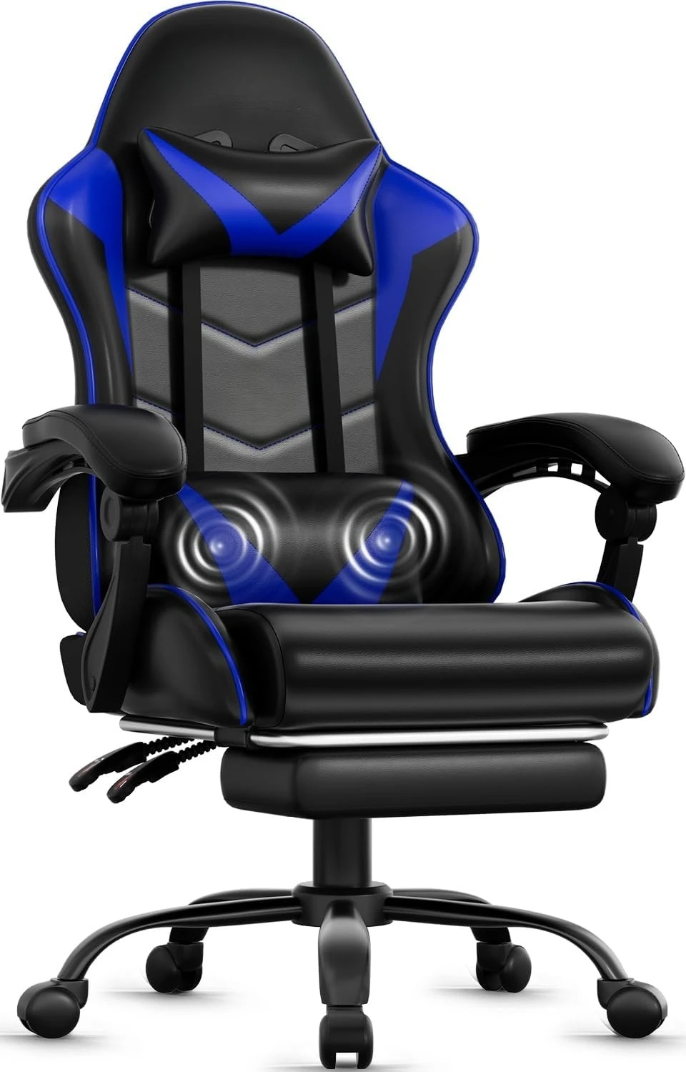 Gaming Chair with Footrest Racing Style Lumbar Support Massager with Metal Legs, High Back Reclining (Blue)