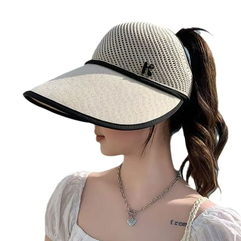 Summer Uv Protection Sun Hat 100 Percent Cotton Knitted Empty Top Ponytail Friendly Wide Brim Rollable Portable Outdoor Beach 5