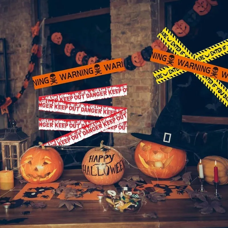 1-5Rolls Scary Halloween Danger Warning Tape Yellow Barricade Line with Bold Lettering Perfect for Horror Party Scene Setting