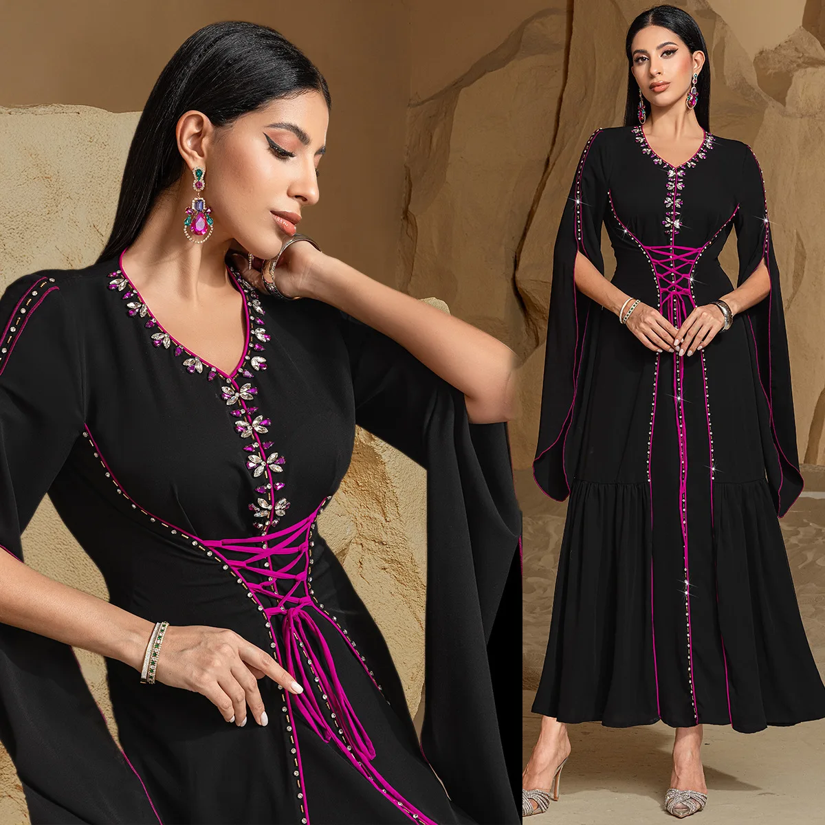 

Ba5039 Dubai Fashion Muslim Fashion Abaya with Rhinestones Women's Evening Dress Robe Abaya Ramadan Dubai Luxury Islam Elegant