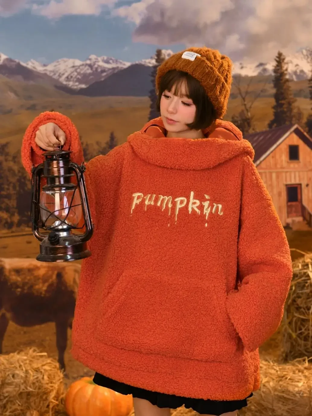 Y2K New Japanese Kawaii pumpkin head plush letter hooded sweater women\'s coat autumn and winter loose warm pullover casual wear