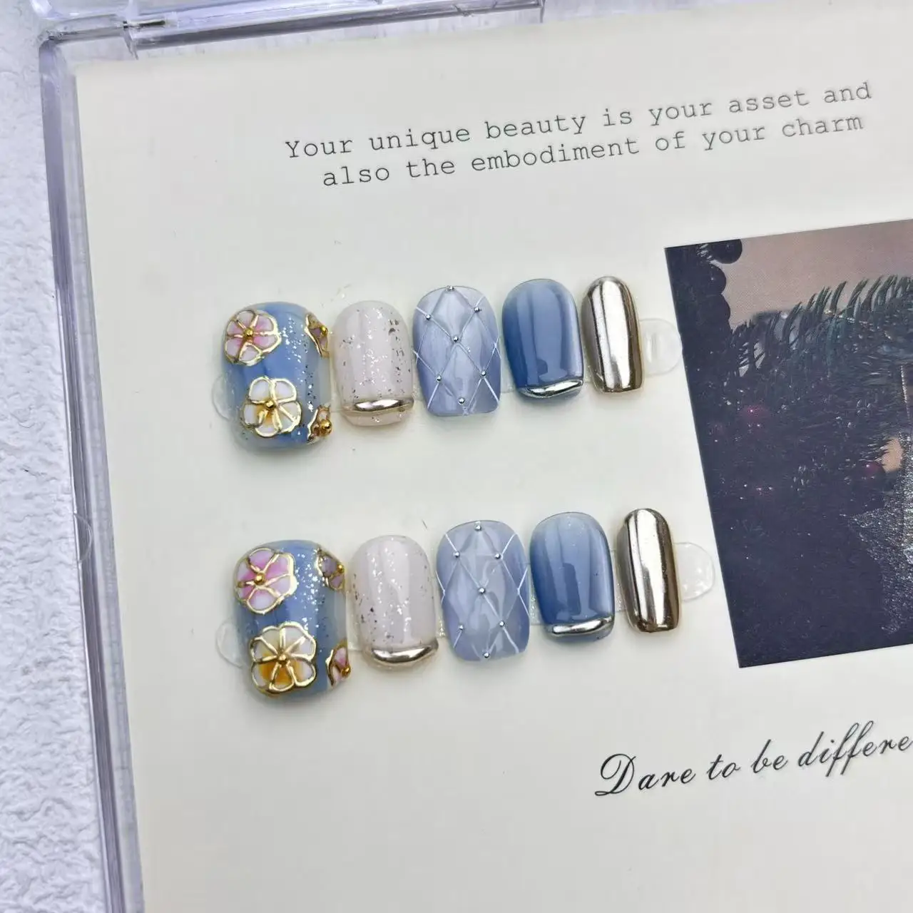 

10pcs Handmade Press-on Nail Nanzhi's Cool-Toned Cat-Eye Floral Design Pearl Fake Nail for Women&Girl Removable Wearable Nail