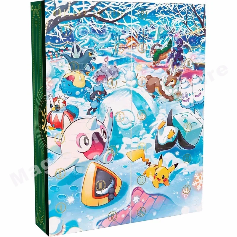 Tarjeta PTCG Original de Pokemon Trading, calendario de vacaciones en inglés, caja de regalo limitada, paquete de refuerzo de Pikachu, regalo de Navidad para niños