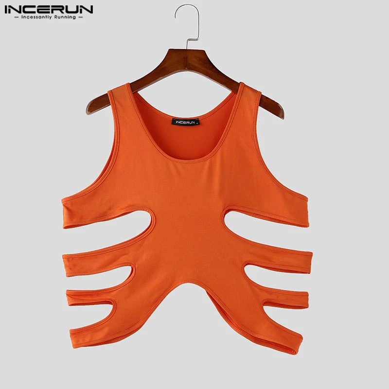 

INCERUN Men Tank Tops Solid Color O-neck Sleeveless Hollow Out Male Vests Summer Streetwear 2025 Sexy Irregular Crop Tops Men
