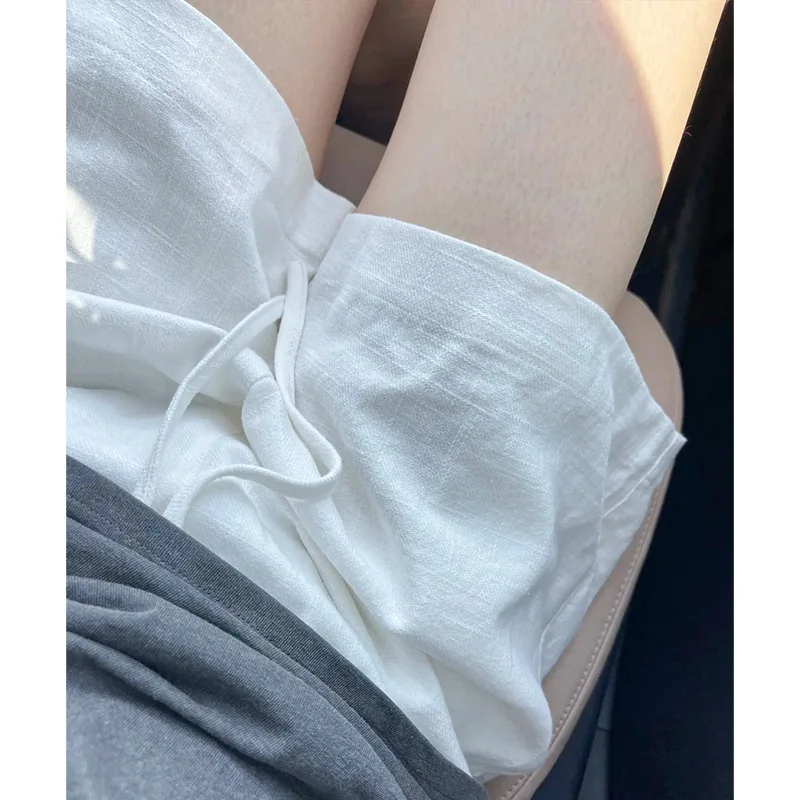 White Ice Silk Cotton Linen For Women, Summer High Waist Slimming Loose A-Line Old Money Style Casual Quick-Dry Sports Shorts