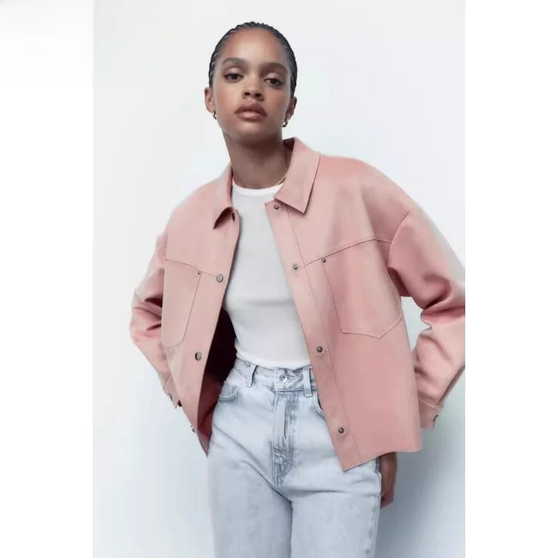 

Autumn Women's Long Sve Stand Collar Faux Velvet Texture ort irt Jaet Versatile Loose Fit Regular Length Other Material