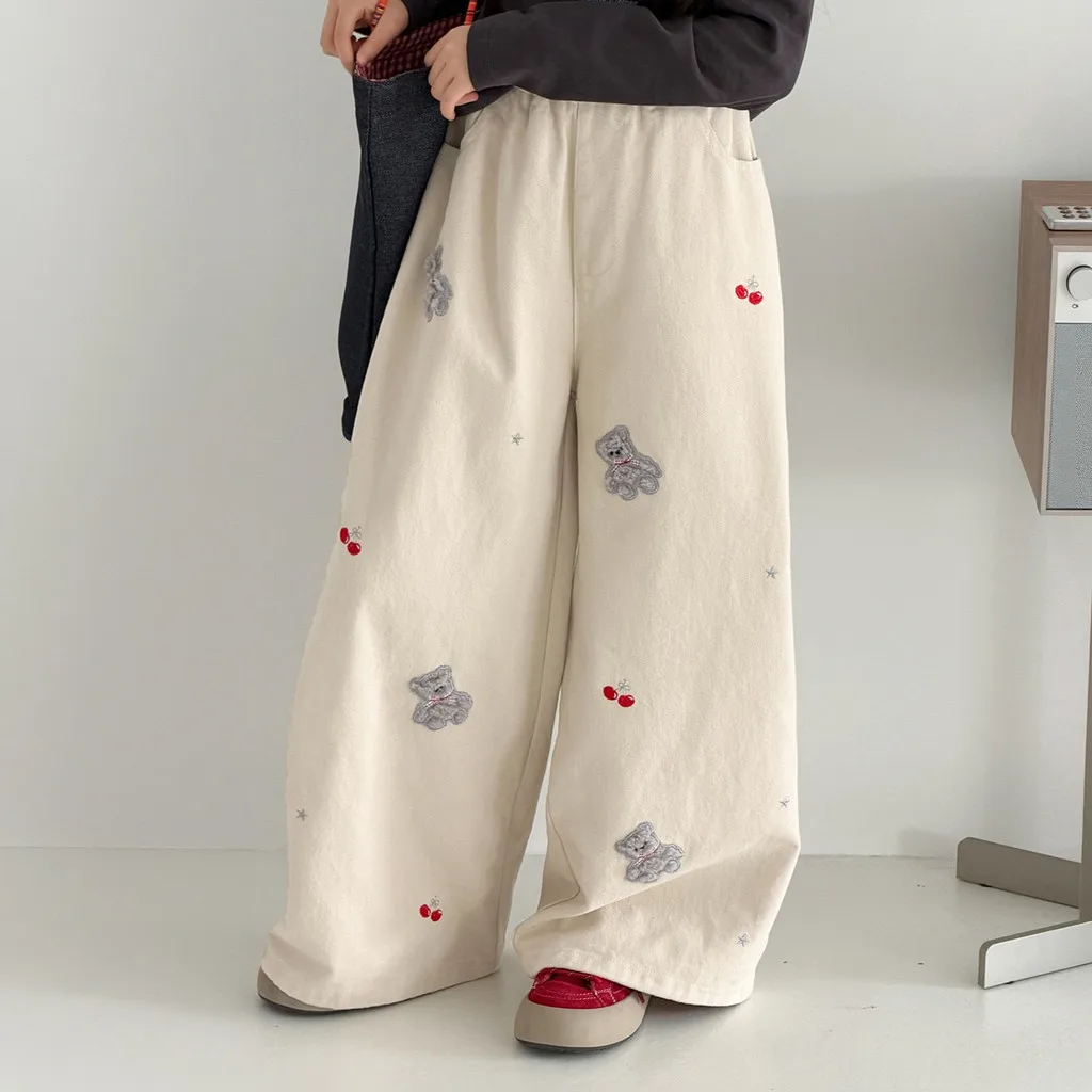 Girls Wide Leg Jeans Beige Autumn Cute Bear Cherry Children Straight Leg Pants 6