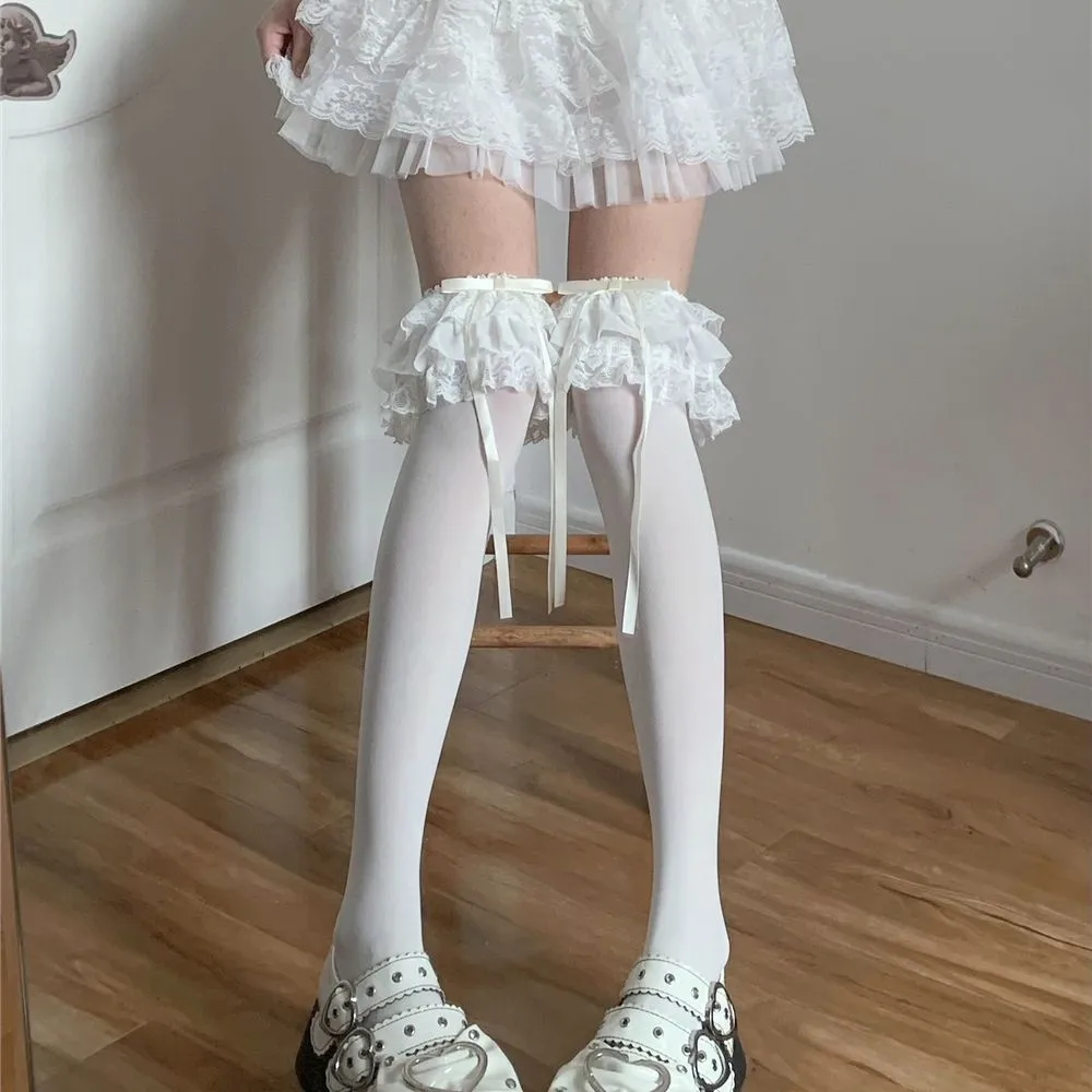 Sweet Girls Lolita Japanese Style Bowknot Three Layer Lace Ruffle Velvet Calf Knee High Socks Soft Stretchy Decorative Stockings