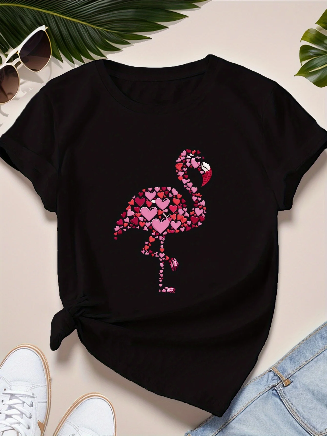 T-shirt sportiva a maniche corte da donna con illustrazione di fenicotteri a forma di cuore con cuori T-shirt estetica casual a maniche corte Harajuku