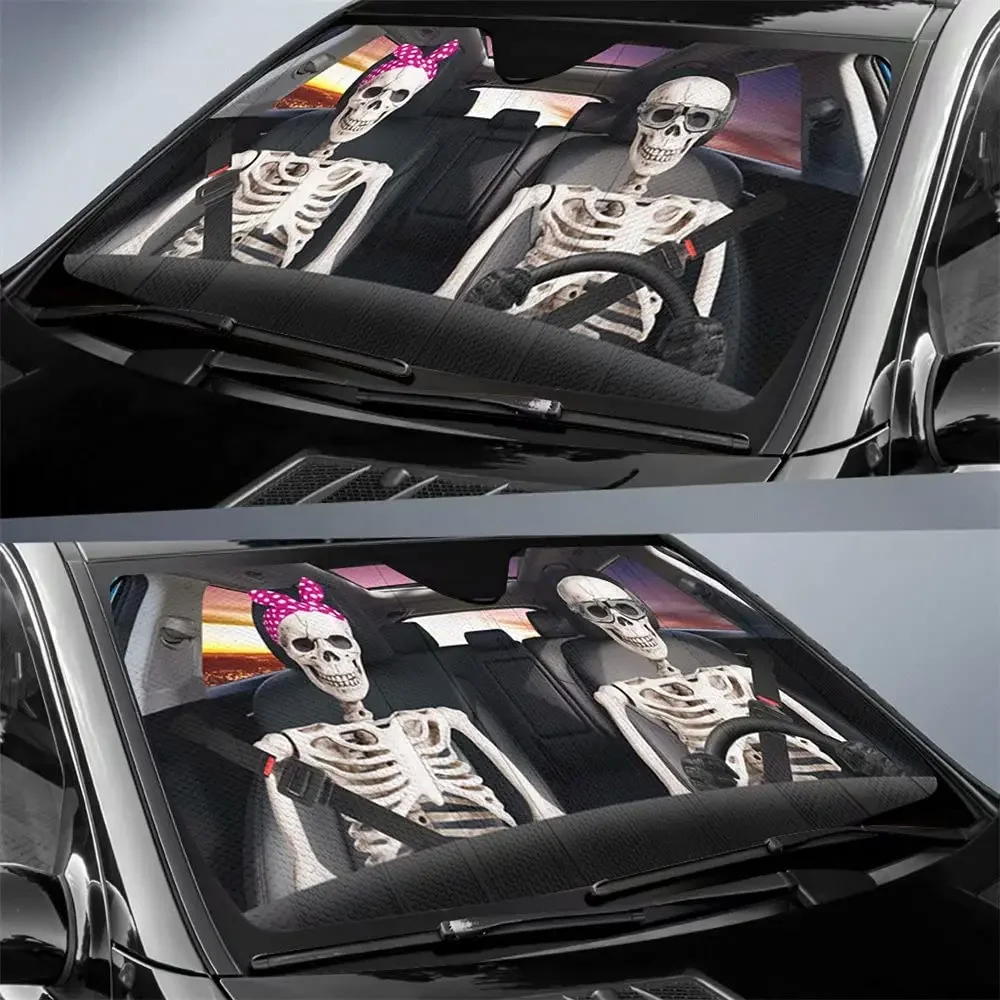 Skull Couple Driver Auto Windshield Sun Shade,Funny Skull Family Sun Visor Protector Sunshade for Car Truck SUV