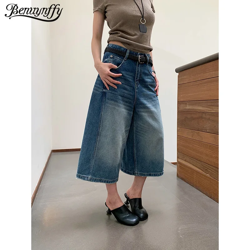Benuynffy High Street Vintage Washed Cropped Jeans Women 2026 Summer New High Waisted Oversize Streetwear Wide Leg Capri Pants