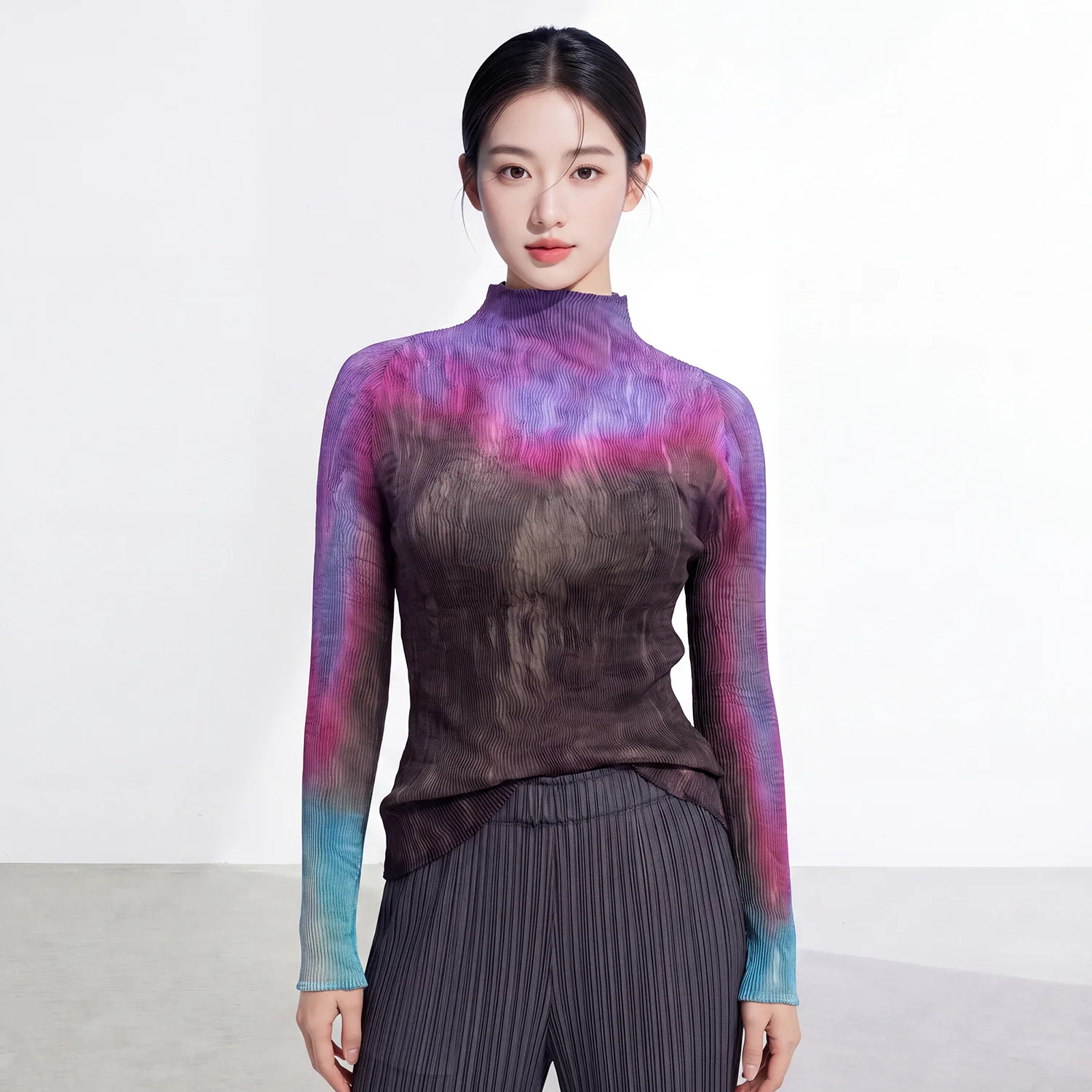 Miyake Pleated Quality Top with Faded Gradient High Elastic Half-turtle Collar Textured Tie-dye Long-sleeved Versatile T-shirt