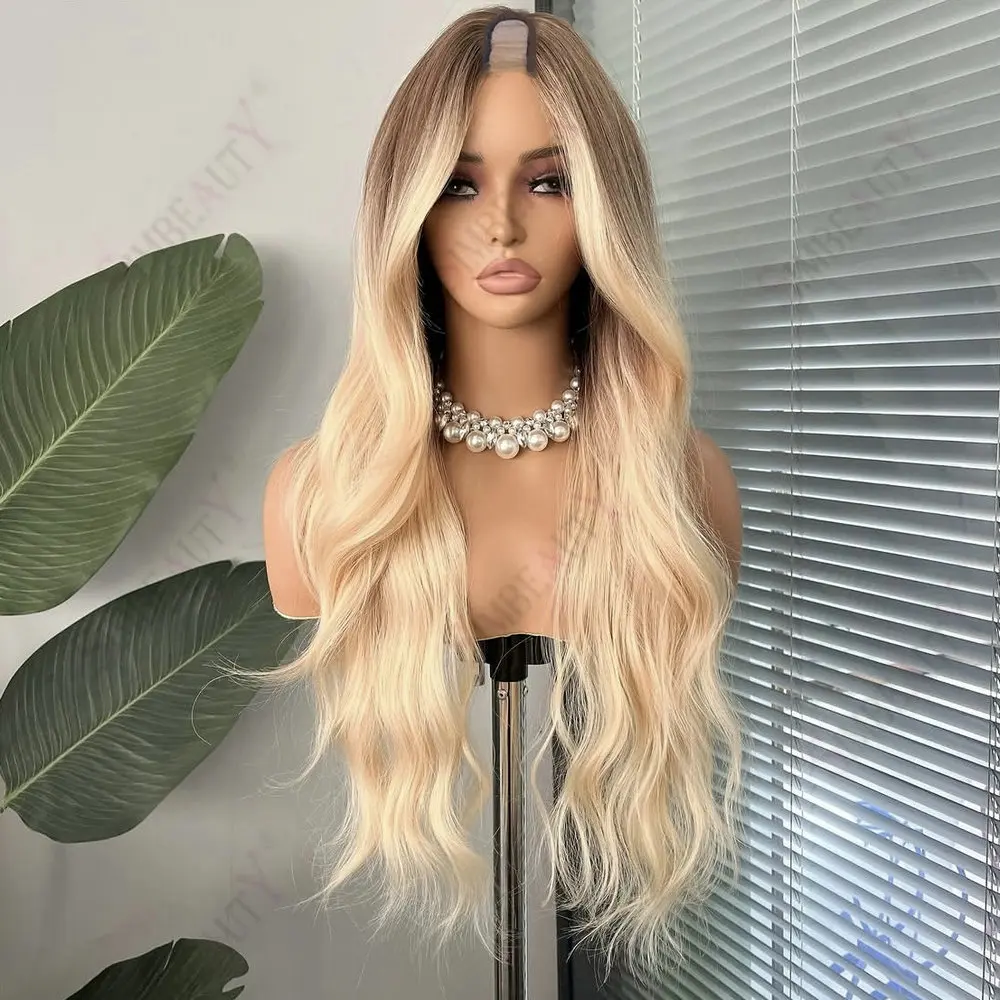 Lange 28-Zoll-Wellenperücke, kleberlos, dunkle Wurzeln, Ombre 613 # Blondes 100% Remy Echthaar 1x4 Größe U/V Teilperücken für Frauen Einfaches Tragen mit Clips – Detail 1