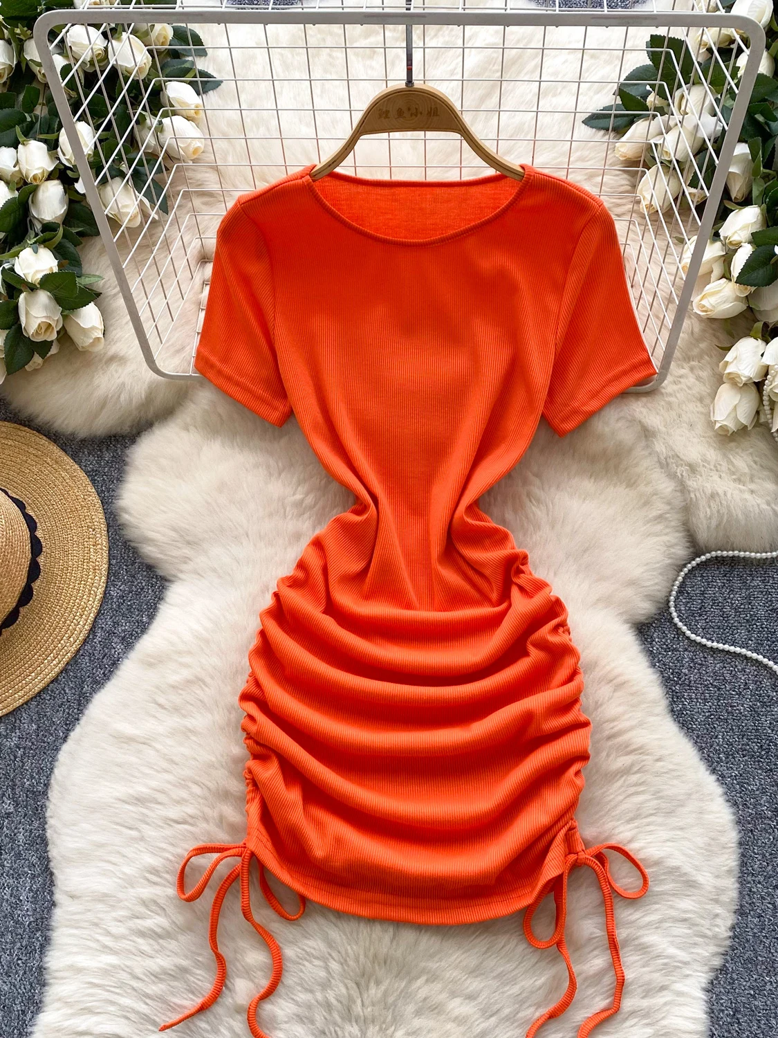 

Simple Style Solid Color Women's Summer New Drawstring Chic Slim Fit Mini Dress Y2k Streetwear Party