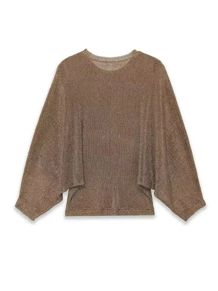 

HH женский 2026, модный свитер с круглым вырезом и металлическим покрытием, женский элегантный простой универсальный полупрозрачный пуловер с длинными рукавами