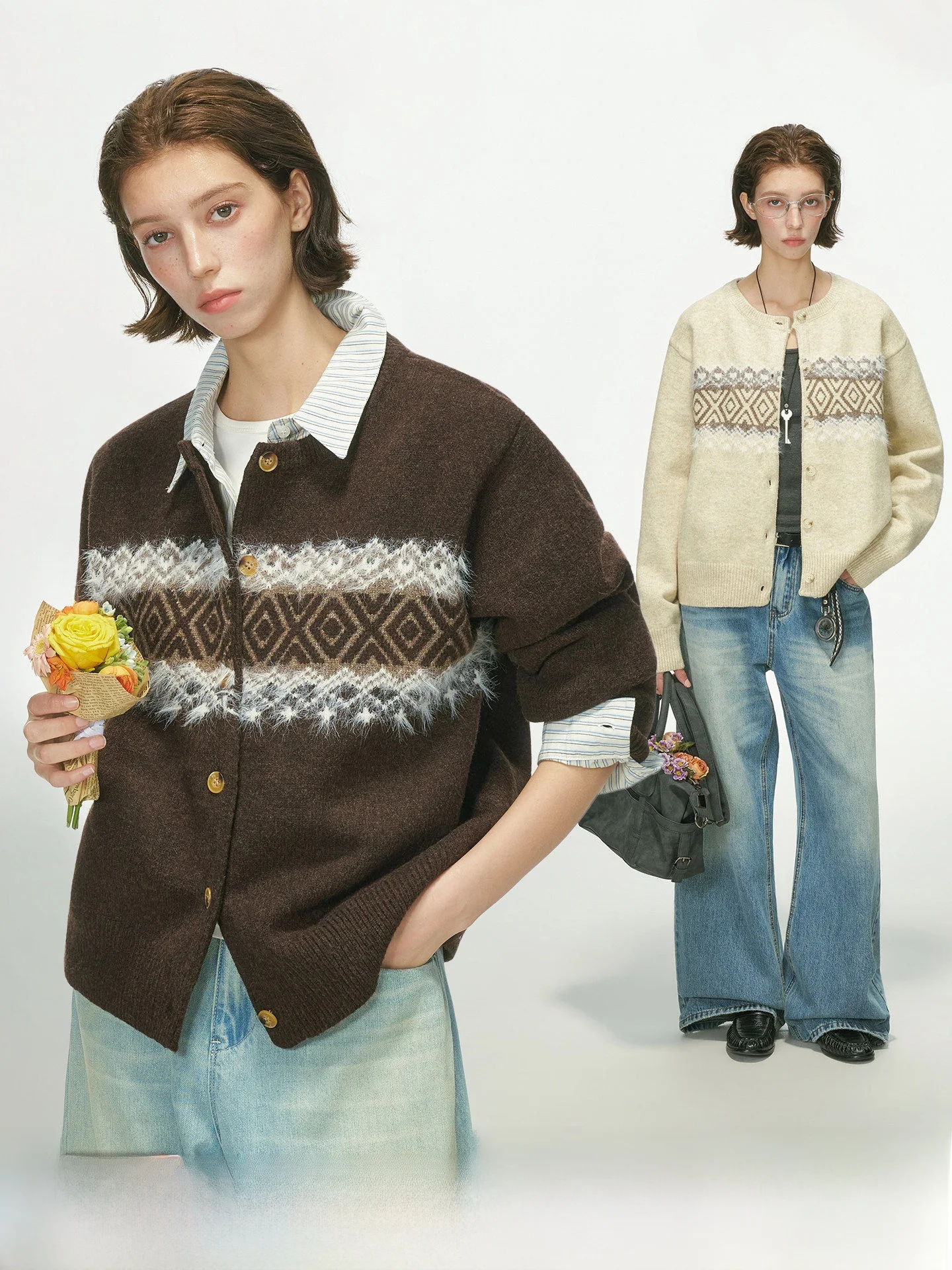 Dream Made Unisex Woolen Knitted Cardigan Fair Isle Pattern Spring Autumn Warm Geometric Design Long Sleeve round Neck Sweater