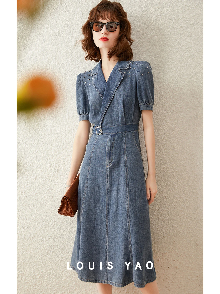 

LOUIS YAO Women Denim Dress 2024 Summer Dress Turn Down Collar Puff Short Sleeve with Belt Knee Length Long Washed Denim Dress