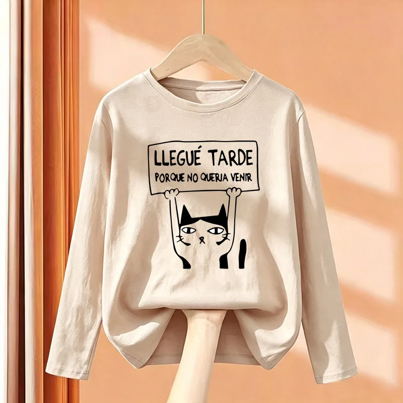 Retro Cat Print T Shirts Kids Children's T-shirt Long Sleeve Graphic Boys Girls Casual Top Tee Shirt Autumn Winter Clothing