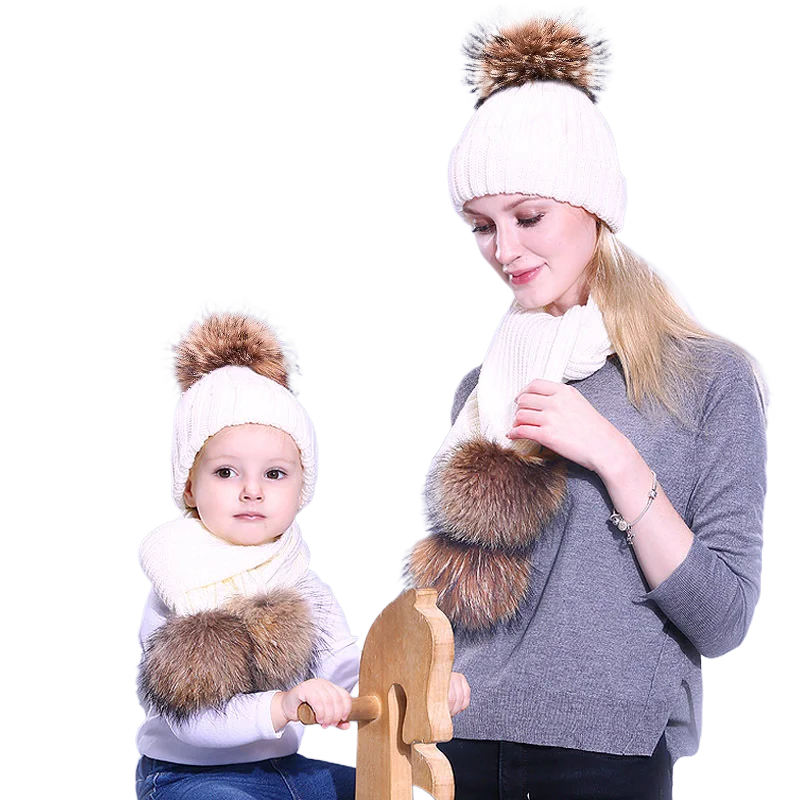 Knit Real Fur Pom Beanie Hat Scarf Set for Women and Kids Children Boy Girl Winter Ski Snow Caps Slouchy Skull Cap