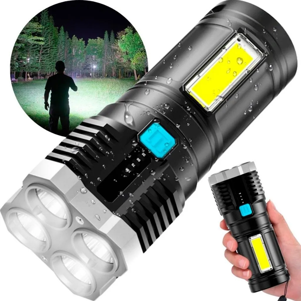 Lanterna Profissional 4 Led Potente, Recarregável Usb, Para Camping Pesca Emergência, Kit Segurança Automotiva