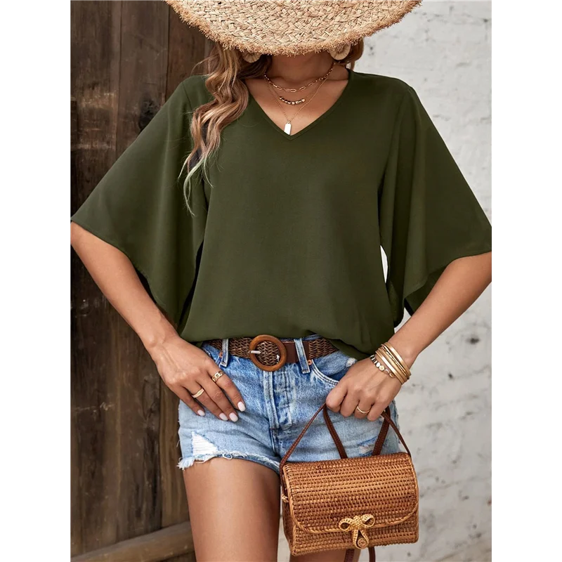 

Womens Summer Tops Dressy Casual Shirts 3/4 Sleeve V Neck Work Blouse Business Casual Shirts