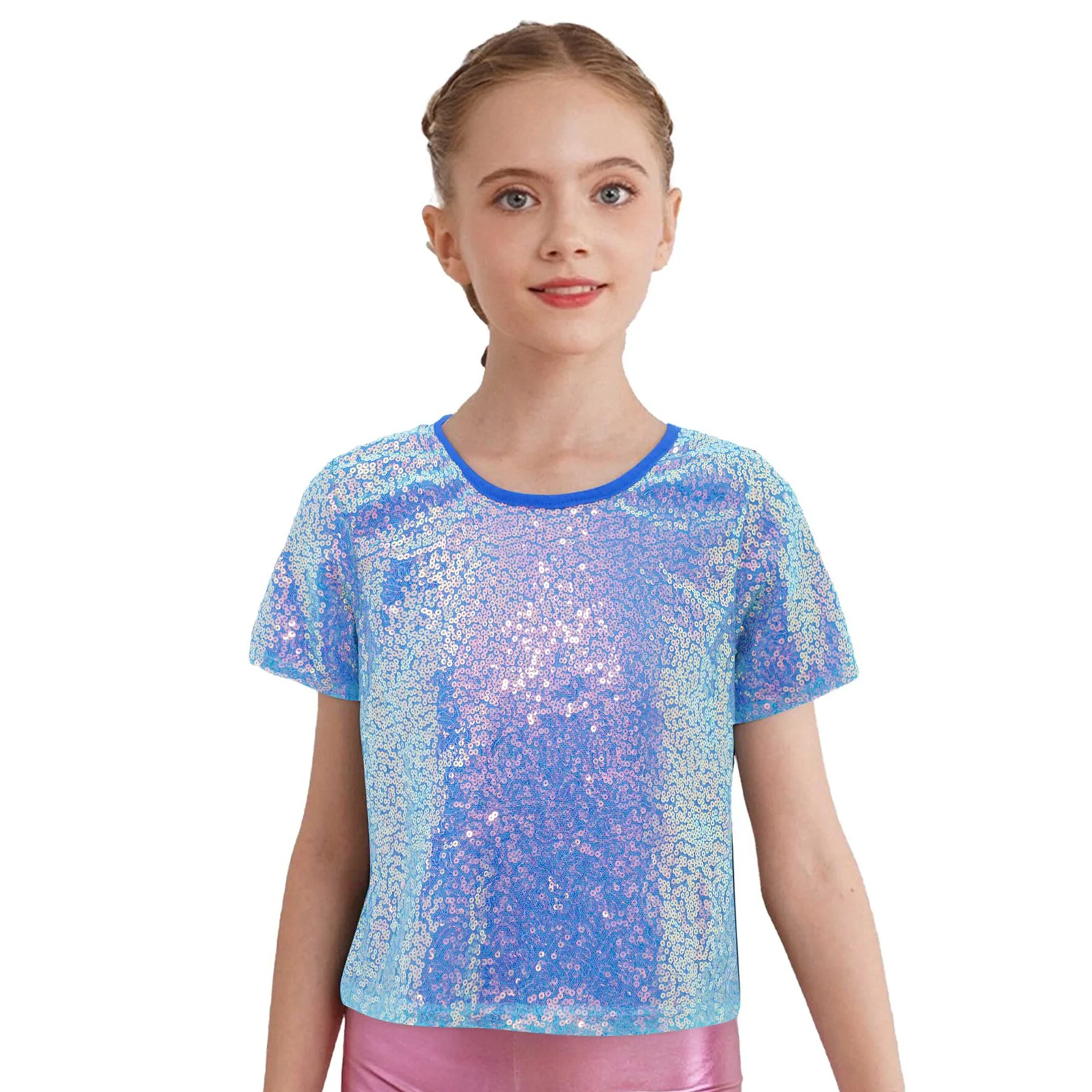 

Kids Girls T-shirt Shiny Sequins Round Neck Short Sleeves Shirt for Cheerleading Jazz Hip-hop Dance Tops Stage Performance Party