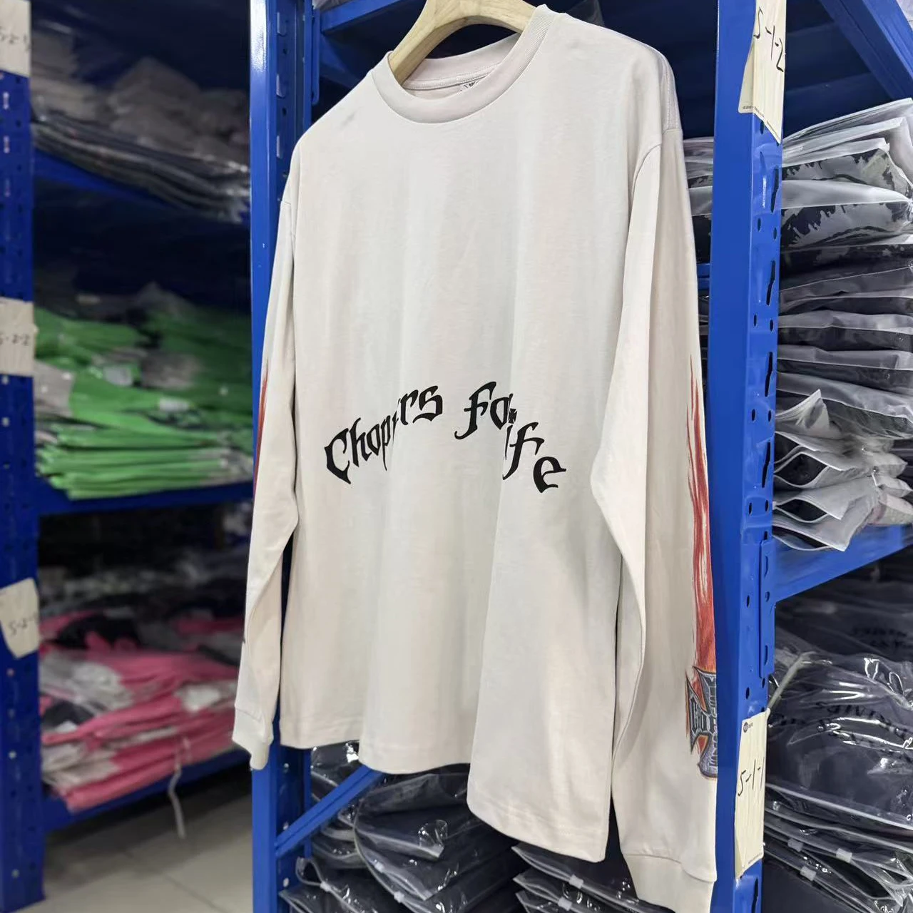 Cross Flame Print Washed West Coast Long Sleeve T Shirts Men's and Women's Autumn Vintage White Loose Cotton T-shirt Real Photo