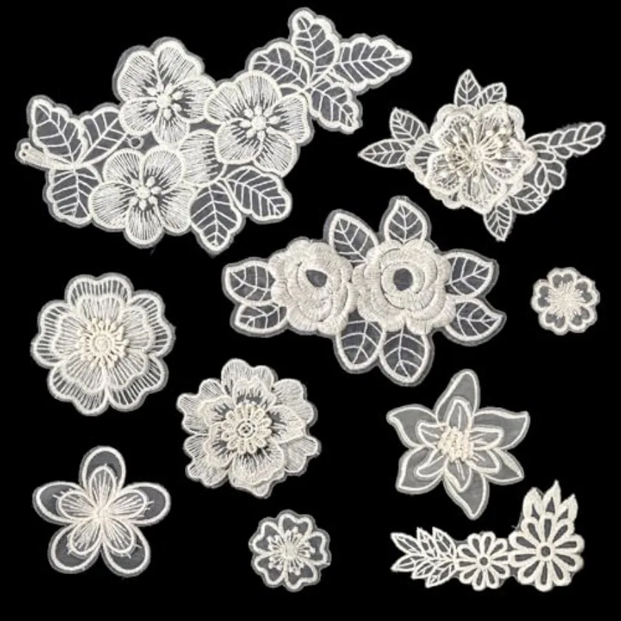 

10 Pcs Flower Lace Embroidered Applique, Lace Flower Patches Organza Patches Flowers Applique for DIY Wedding Dress Sewing Craf