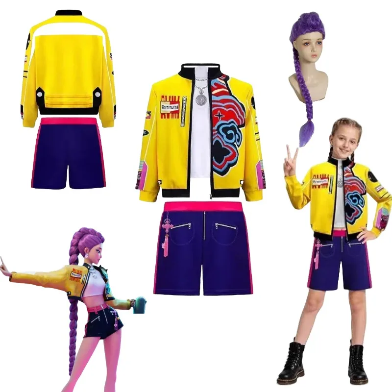 

Kids Rumi Cosplay Costume Kpop Demon Hunters Huntrix Coat Vest Pants Wig Suit Girls Dance Clothes Halloween Carnival Roleplay