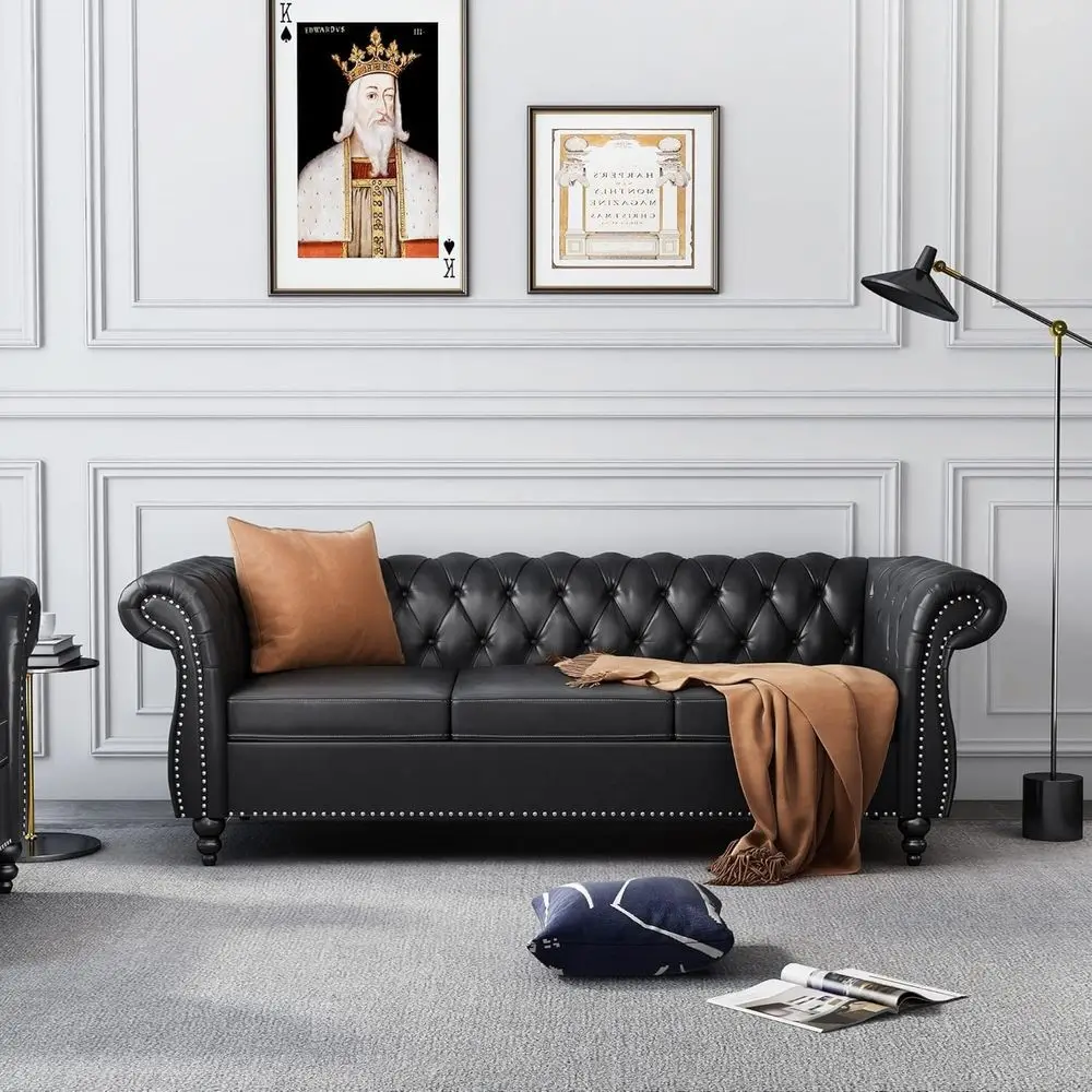 

Tri-Seat Rolled Arm Leather Sofa with Nailhead Trim, Suitable for Living Room, Bedroom, or Office, Black